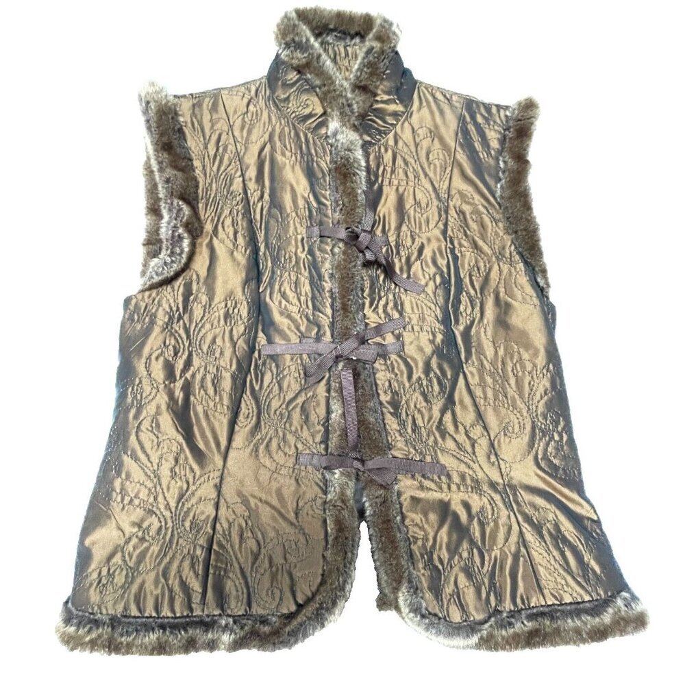 Steppin'Out Womens Paisley Pattern Fur Trim Vest Size 36 Bow Closure Lightweight